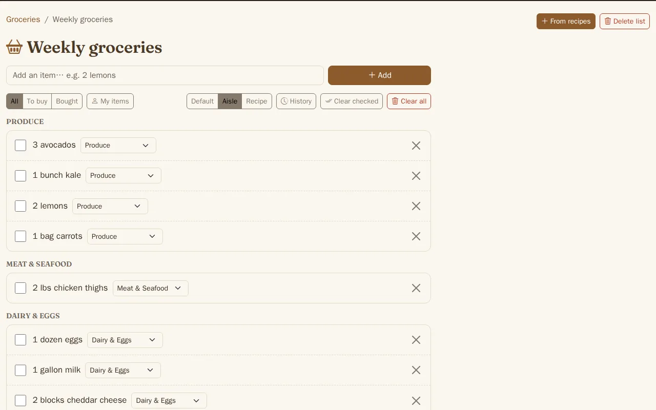 Forage's shopping list, sorted by grocery aisle