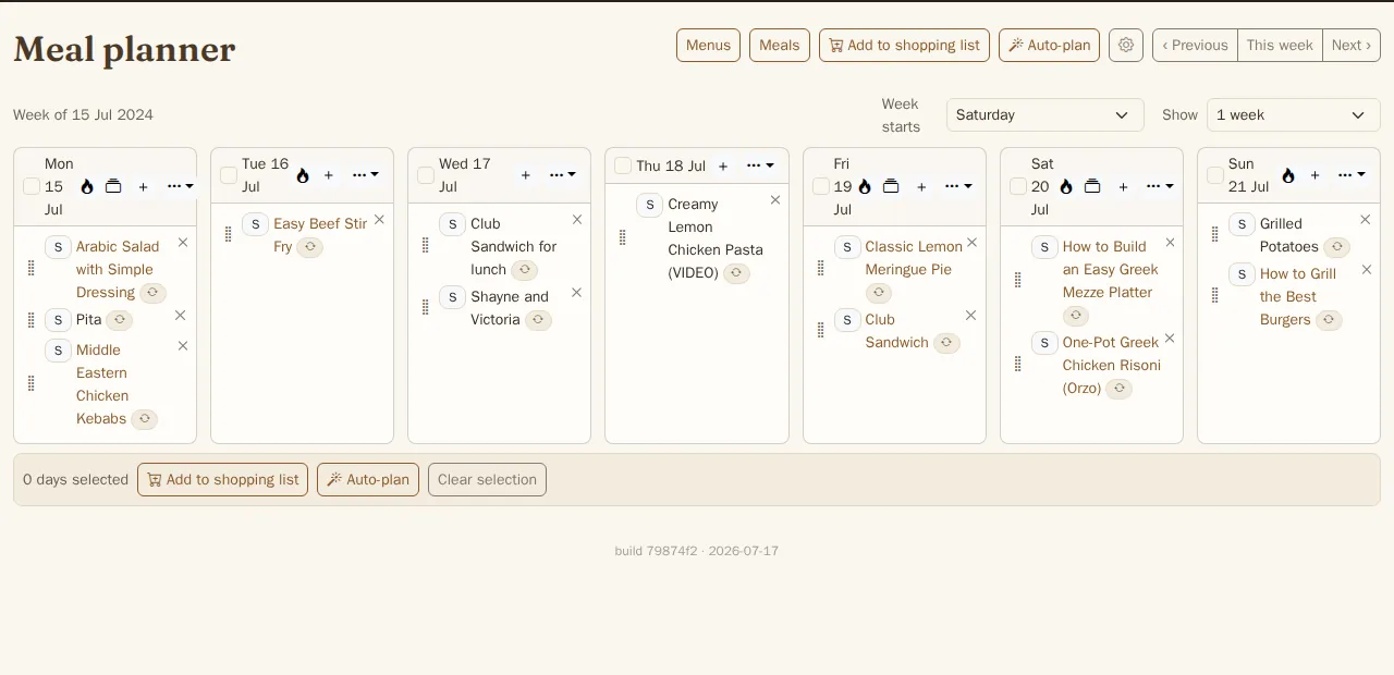 Forage's weekly meal planner board