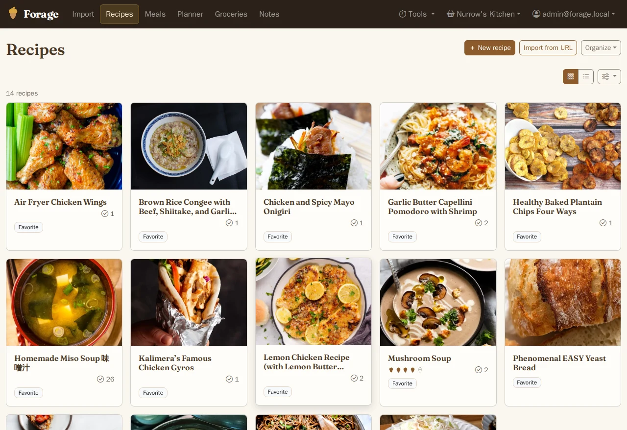 Forage's recipe library, showing a grid of recipes with photos